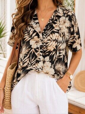 Penningtons Tropical Palm Print Resort Shirt Vacation Cruise Wear Blouse